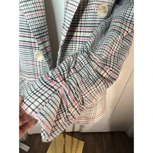 1. State Ruched Sleeve Plaid Blazer Jacket Med Preppy Double Breasted Open Front - Picture 5 of 10